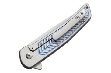 Image of Alliance Designs Scout Framelock Folding Knife, 3.25in Closed, 2.25in Satin Rwl-34 Steel Blade, Blue/Silver Titanium Handle, Pocket Clip, Black Synthetic Zippered Storage Case, S1B