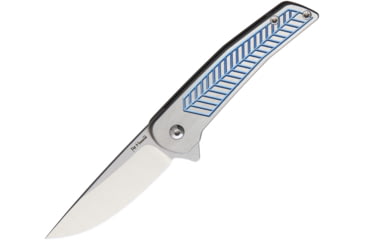 Image of Alliance Designs Scout Framelock Folding Knife, 3.25in Closed, 2.25in Satin Rwl-34 Steel Blade, Blue/Silver Titanium Handle, Pocket Clip, Black Synthetic Zippered Storage Case, S1B