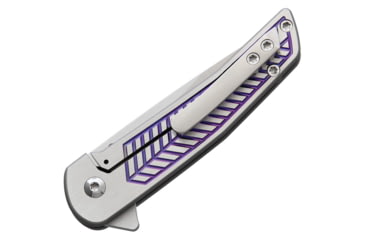 Image of Alliance Designs Scout Framelock Folding Knife, 3.25in Closed, 2.25in Satin Rwl-34 Steel Blade, Satin And Purple Finish Titanium Handle, Pocket Clip, Black Synthetic Case, S1P
