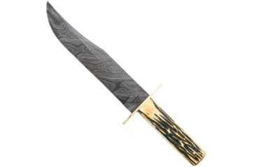 Image of Bear and Son Knives American STD Bowie Fixed Blade Knife w/Leather Sheath, 9in, High Definition Damascus Steel, Genuine India Stag Bone Handle, 502D