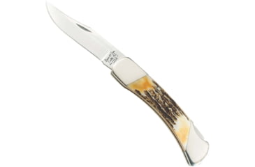 Image of Bear and Son Knives Professional Lockback Folding Knife, 3.75in, High Carbon Stainless Steel, Clip Point, Genuine India Stag Bone Handle w/ Leather Sheath, 597