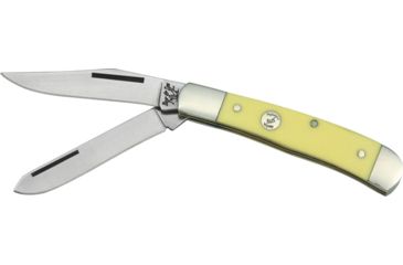 Image of Bear &amp; Son Sm Trapper Fold Knife, High-polished 1095 Carbon Steel clip and spey blad, Smooth yellow Delrin handl BCC35412