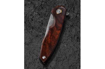 Image of Bestech Knives Bambi Folding Knife, 4.13in Closed, 3.13in Mirror Damascus Steel Blade, Ironwood Handle, Gold Accents, Brown Leather Belt Sheath, BL08F