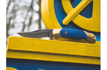 Image of Boker Solingen Scout Solingen Folding Knife, 2.83in, C75, Brass, Chestnut Wood Blue Handle, 112099