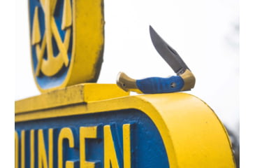 Image of Boker Solingen Scout Solingen Folding Knife, 2.83in, C75, Brass, Chestnut Wood Blue Handle, 112099
