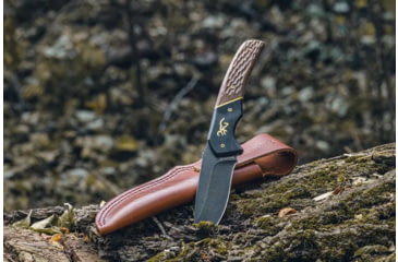 Image of Browning Large Hunter Fixed Blade Knife, 3.625in, 440-C, Drop Point, Wood Handle, Split Grain Leather, 3220397B