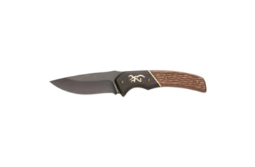 Image of Browning Large Hunter Fixed Blade Knife, 3.625in, 440-C, Drop Point, Wood Handle, Split Grain Leather, 3220397B