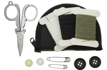 Image of Bushcraft Sewing Kit In Zipped Pouch In Black Nylon Zippered Storage Pouch, Contains 3 Thread White, Black, Green, 2 Safety Pins, 4 Buttons, Scissors, Black Nylon Case, RP135A