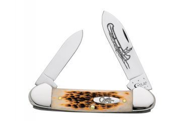 Image of Case 62131 CV Amber Canoe  Canoe Image-Etched Spear Blade and Pen BladeFolding Knife, Amber Bone Handle, 3 5/8 00263