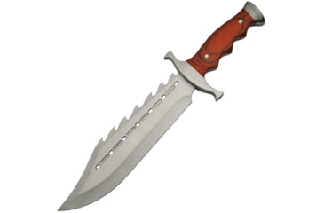 Image of China Made Bowie Gator Back Wood Fixed Blade Knife, 15in Overall, 9.5in Satin SS Clip Point Blade, Brown Pakkawood Handle, SS Guard And Pommel, Sawback Blade, Black Nylon Belt Sheath, Brown, 211398