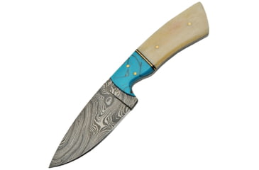 Image of Damascus Bone Knife, 8.5in Overall, 4in Damascus Steel Blade, Smooth Bone And Turquoise Handle, Brown Leather Sheath, DM-1186