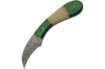 Image of Damascus Hook Hunter Green Knife, 2.5 Damascus steel curved blade, Green wood and camel bone handle, DM-1260GN