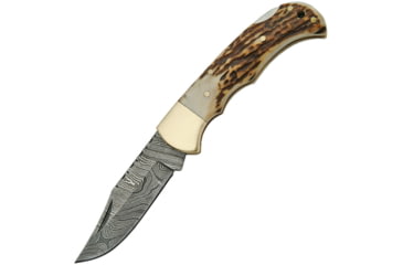 Image of Damascus Lockback Stag Folding Knife, 2.75in Damascus Steel Clip Point Blade, Stag Bone, DM-1161