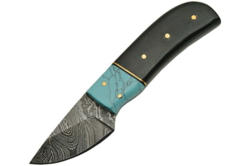 Image of Damascus Skinner Horn Turquoise Knife, 5.5in Overall, 2in Damascus Steel Skinner Blade, Horn Handle, Horn And Turquoise Handle, Brown Leather Sheath, DM-1146HN