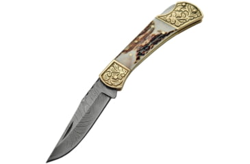Image of Damascus Stag Engraved Bolster Knife, 3.25in Damascus Steel Clip Point Blade, Stag Bone Handle, Brass Bolster, Scrollwork On Bolsters, DM-1163