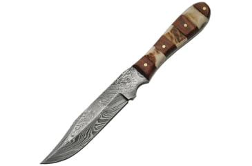 Image of Damascus Stag Hunter Knife, 7 1/2in Overall, 4 1/2in Damascus Steel Clip Point Blade, Stag And Wood Handles, Brown Leather Sheath, DM1108
