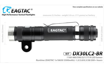 Image of EAGTAC DX30LC2-BR Rechargeable Flashlight, XP-L HI V2 NW LED, 1084lm, Black, DX30LC2BR-XPLHINW-BASE
