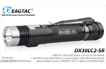 Image of EAGTAC DX30LC2-SR Side-LED Rechargeable Flashlight Kit, Spot XP-L HI V2 NW w/ Flood Nichia 219B CRI92 5700K LED, 1080lm/390lm, Black, DX30LC2SR-XPLHINW-SIDE219B-KIT