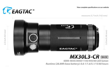 Image of EAGTAC MX30L3-CR Base Flashlight, 6 Nichia 219C CRI92 4000K LED, 3850lm, Black, MX30L3CR-6*219C-BASE-NW