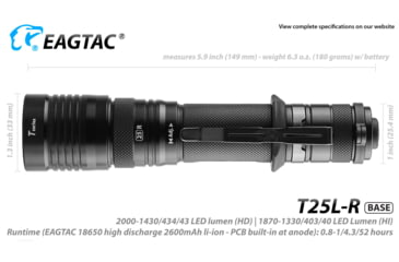 Image of EAGTAC T25L-R Base Flashlight, XHP35 HI NW LED, 1750lm, Black, T25LR-XHP35-HI-BASE-NW