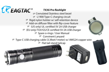 Image of EAGTAC TX3G Pro Flashlight, XHP70.2 CW LED, 2000lm, Black, TX3G-XHP702-PRO-CW