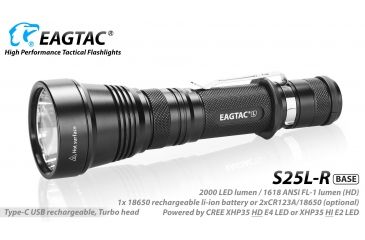 Image of Eagtac USB Rechargeable S25LR XHP35 HD 2000 Lumen Tactical Flashlight, Black, Medium, S25LRXHP35HD