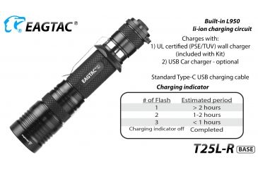 Image of Eagtac USB Rechargeable T25LR XHP35 HI 385 Meter Tactical Flashlight Base, Black, Medium, T25LRHI