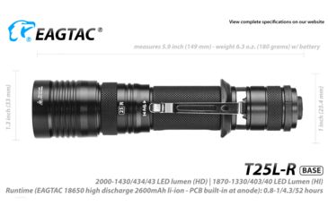 Image of Eagtac USB Rechargeable T25LR XHP35 HI 385 Meter Tactical Flashlight Base, Black, Medium, T25LRHI