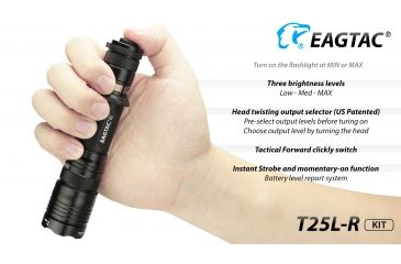 Image of Eagtac USB Rechargeable T25LR XHP35 HI 385 Meter Tactical Flashlight KIT, Black, Medium, T25LRHIKIT
