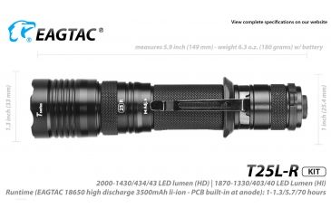 Image of Eagtac USB Rechargeable T25LR XHP35 HI 385 Meter Tactical Flashlight KIT, Black, Medium, T25LRHIKIT
