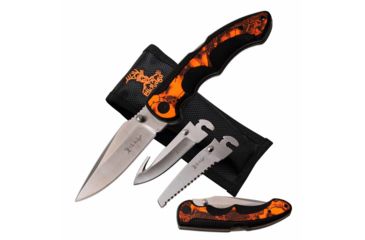 Image of Elk Ridge ER-942OC Manual Folding Knife, 3.6in, 3CR13 Stainless Steel, Drop Point/Gut Hook/Saw, Steel Blade, Nylon Fiber Handle, Orange Camo, ER-942OC