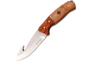Image of Elk Ridge Guthook Knife, 9in Overall, 4in Satin 3Cr13 SS Guthook Blade, Brown Pakkawood Handle, Brown Leather Sheath, ER-200-19GN