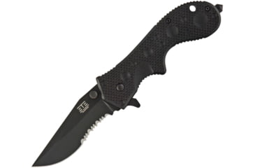 Image of ETE Wortac Linerlock A/O Folding Knife, 4.5in Closed, 3in Black Titanium Finish Partially Serrated D2 Tool Steel Modified Clip Point Blade, Black G10 Handle, 4.6Oz, Designed By Kelly Worden, ETEK1603
