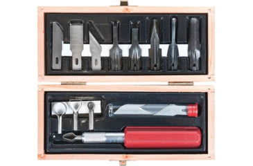 Image of Excel Blades Woodworking Set Fixed Blade Knife, Includes, K5 Heavy Duty Knife, 14 Assorted Blades, Gouges, Routers, For General Carving, Whittling, Shaping, Outlining In Wood, Wooden Storage/Gift Box, 44284