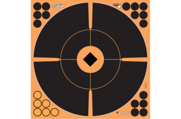 Image of EZ-Aim Adhesive Paper Splash Shooting Targets, Crosshair Bullseye, 12-Pack, Black/Orange, 12 in x 12 in, 15376