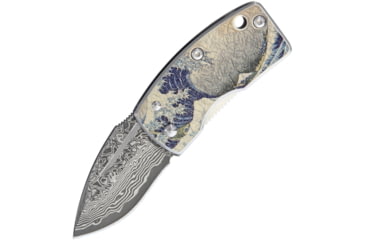 Image of G.Sakai Money Clip Framelock Blue Wave Folding Knife, 1.63in Damascus Steel Drop Point, SS Handle, Pocket Clip, Textured Blue Wave Handle Artwork, Boxed With Hanging Tab, 11606