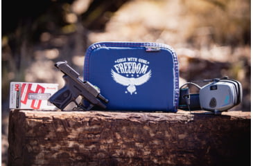 Image of Girls With Guns Handgun Cases, 10 in Long, Full-Size, Lockable Keyring, Ultra-Soft Lining, Foam Padding, Navy w/GWG Freedom Graphic, 9071