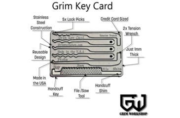 Image of Grim Workshop Lock Picking and Escape Card, Surgical Grade Stainless Construction, 3.38in x 2.13in x 0.25in, GWGRIMKEYCRD