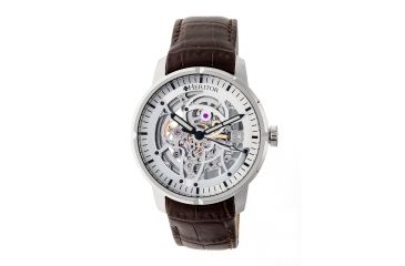 Image of Heritor Ryder Skeleton Dial Leather-Band Watch, Silver/Silver/Brown, Standard HERHR4603