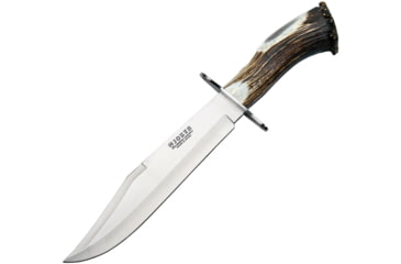 Image of Joker Knives Bowie Fixed Blade Knife, 16in Overall, 9.75in Satin Vanadium Molybdenum Steel Clip Point Blade, Crown Stag Handle, SS Guard, Brown Leather Belt Sheath, CN101