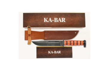 Image of KA-BAR Knives 125th Anniversary Dogs Head Knife, 11.88in Overall, 7in Black oxide Coated 1095 Cro-Van Carbon Steel Clip Point Blade, Stacked Leather Handle, Leather Sheath, KA9228