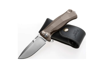 Image of Lionsteel SR11 Framelock Tiium Bronze Folding Knife, 3.75in Satin Sleipner Tool Steel Drop Point, Brown Textured Titanium Handle, Glass Breaker, Pocket Clip, Black Leather Sheath, SR11 B