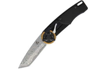 Image of Mantis Gearhead Linerlock Dam Tanto Folding Knife, 3 Damascus steel tanto blade, Black aluminum handle, GH2027T