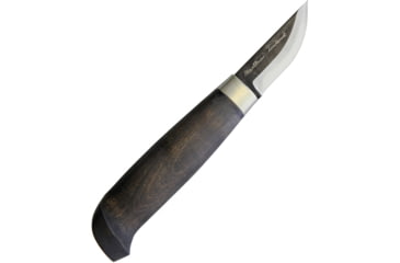 Image of Marttiini Snappy Fixed Blade Knife, 6.75in Overall, 2.13in Two-Tone Finish Carbon Steel Blade, Curly Birch Handle, Waxed Handle, Black Leather Belt Sheath, Boxed With Hanging Tab, 511020