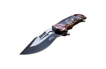 Image of Master USA Embossed Printing Spring Assisted Knife, 3.75 in, 3Cr13 Stainless Steel Stainless Steel, Drop Point, Red/Brown, MU-A116B