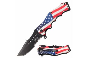 Image of Master USA MU-A102A Spring Assisted Knife, 3.75in, 3CR13 Stainless Steel, Modified Tanto, Black Blade, Injection Molded Handle w/ American Flag Design, -, MU-A102A