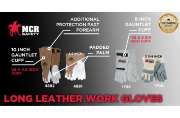 Image of MCR Safety Big Jake Full Leather Back Work Gloves, 8in Leather Extended Gauntlet Bell Cuff, Inside Double Leather Palm, Gray, X - Large, 1746XL