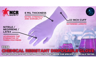 Image of MCR Safety ChemTech Tri-Polymer Blended Disposable Gloves, Powder Free Industrial Food Service Grade, Nitrile Neoprene and Latex Polymers, 12in Length, 6 mil Thickness, Lilac, Small, 7036S