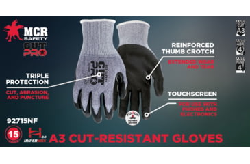Image of MCR Safety Cut Pro 15 Gauge Hypermax Shell Cut, Abrasion and Puncture Resistant Work Gloves, Nitrile Foam Coated Palm and Fingertips, Black/Blue, Medium, 92715NFM
