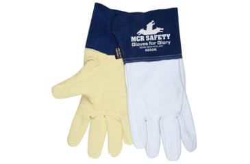 Image of MCR Safety Gloves For Glory Leather Welding Work Gloves, Kevlar Lined, Premium Grain Goatskin Leather, 4.5in Split Cowskin Leather Cuff, White and Blue, Small, 4850KS